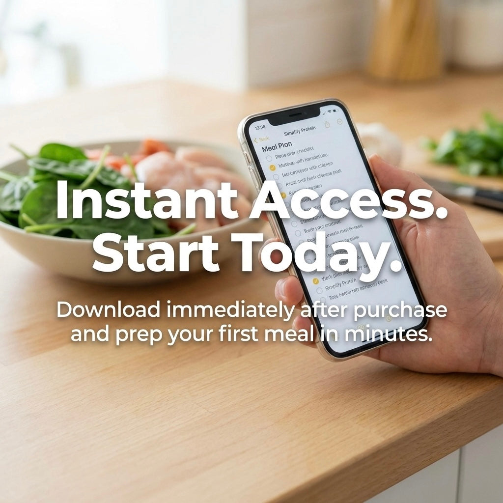 A smartphone displaying the meal plan checklist on a kitchen counter. Text: Instant Access. Start Today. Download immediately after purchase and prep your first meal in minutes.