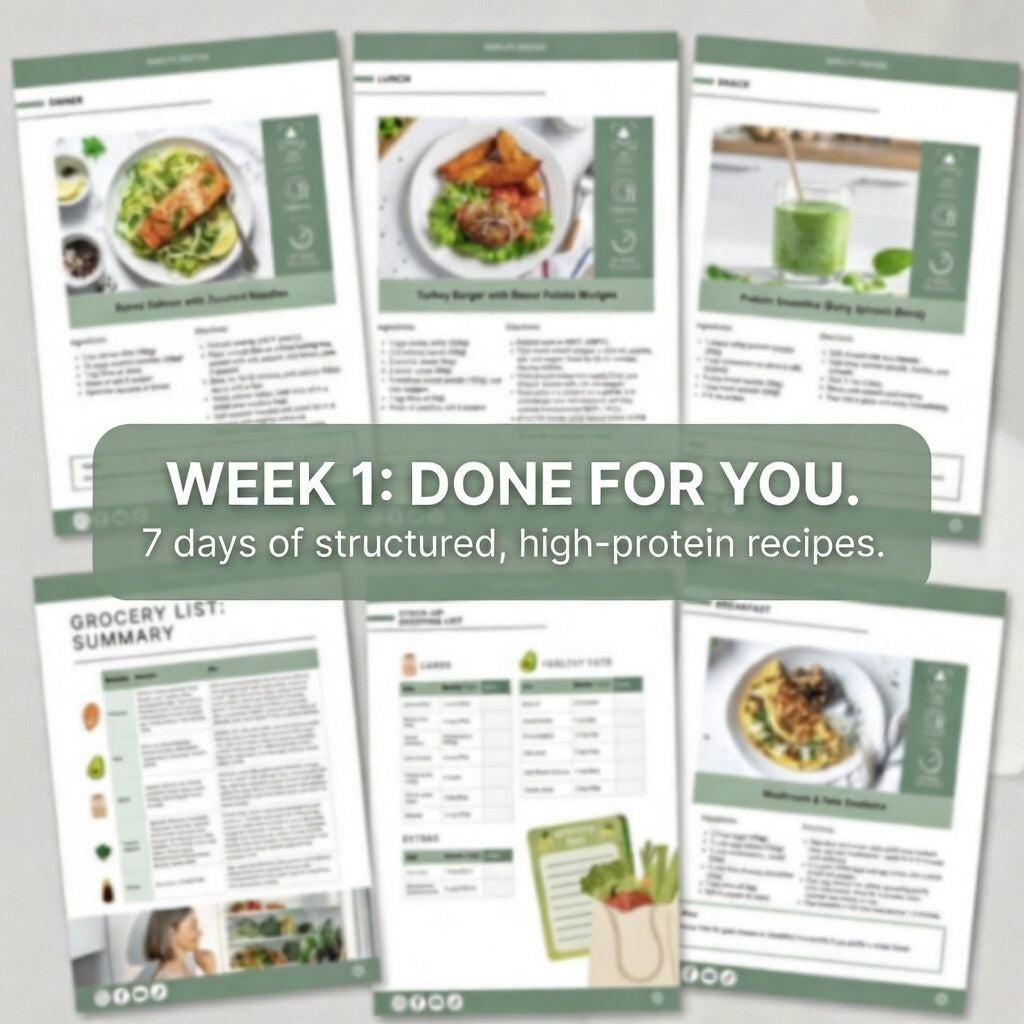 A blurred collage showing high-protein recipe pages and organized grocery shopping lists included in the meal plan.