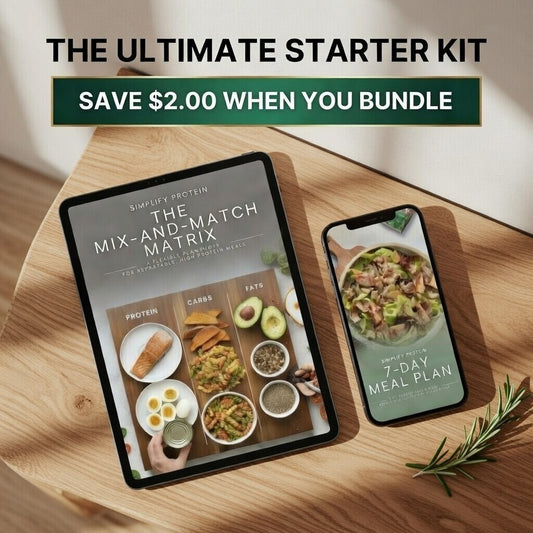 A digital product bundle for Simplify Protein featuring The Mix-and-Match Matrix on an iPad and the 7-Day Meal Plan on an iPhone.