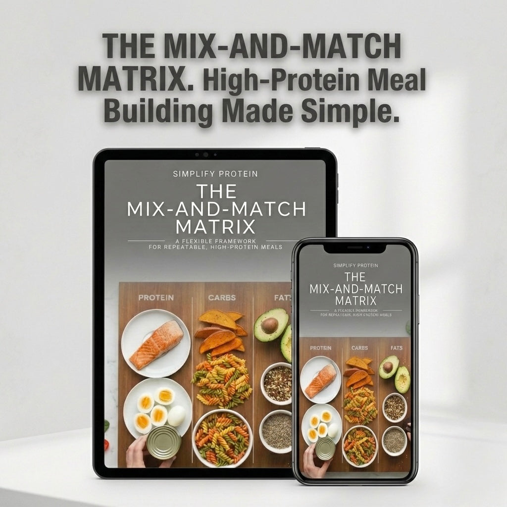 Simplify Protein cover – 7-day high-protein meal plan

Top-down view of a wooden cutting board labeled Protein, Carbs, and Fats featuring salmon, eggs, sweet potatoes, and avocado.