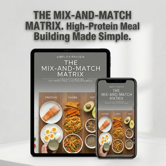 Simplify Protein cover – 7-day high-protein meal plan

Top-down view of a wooden cutting board labeled Protein, Carbs, and Fats featuring salmon, eggs, sweet potatoes, and avocado.